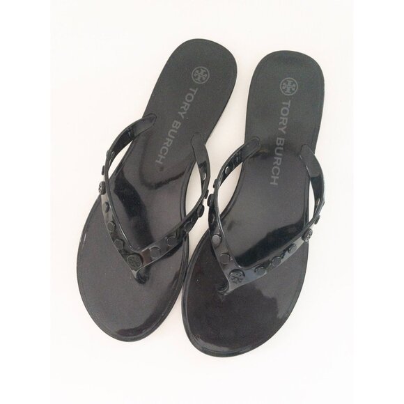Tory Burch Studded Jelly Thong Sandals Black Logo 9 Beachwear - Picture 2 of 8
